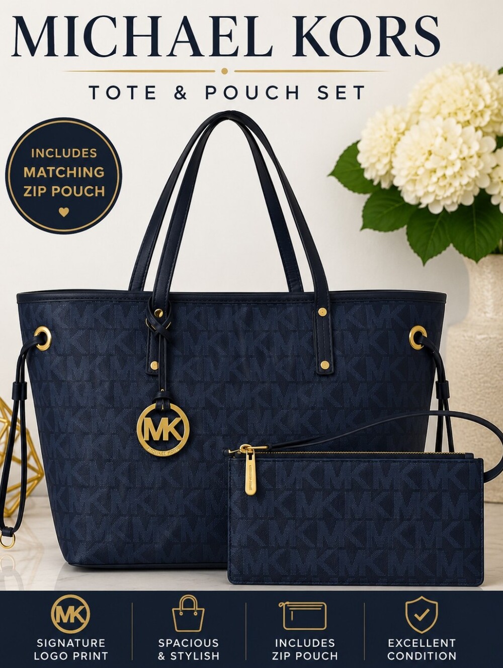 Michael Kors Jet Set Drawstring Tote & Matching Zip Pouch Blue Signature EUC